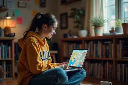 Jeune femme parcourant des mèmes Alice au Pays des merveilles sur un ordinateur portable dans un bureau créatif encombré