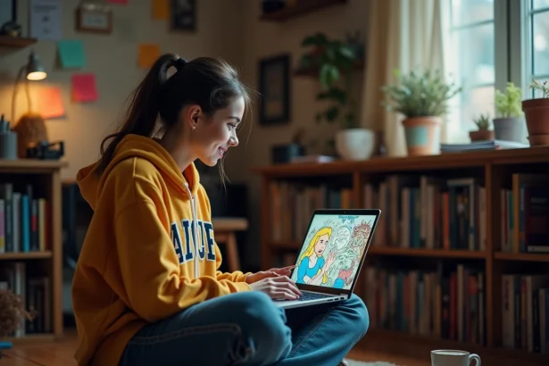 Jeune femme parcourant des mèmes Alice au Pays des merveilles sur un ordinateur portable dans un bureau créatif encombré