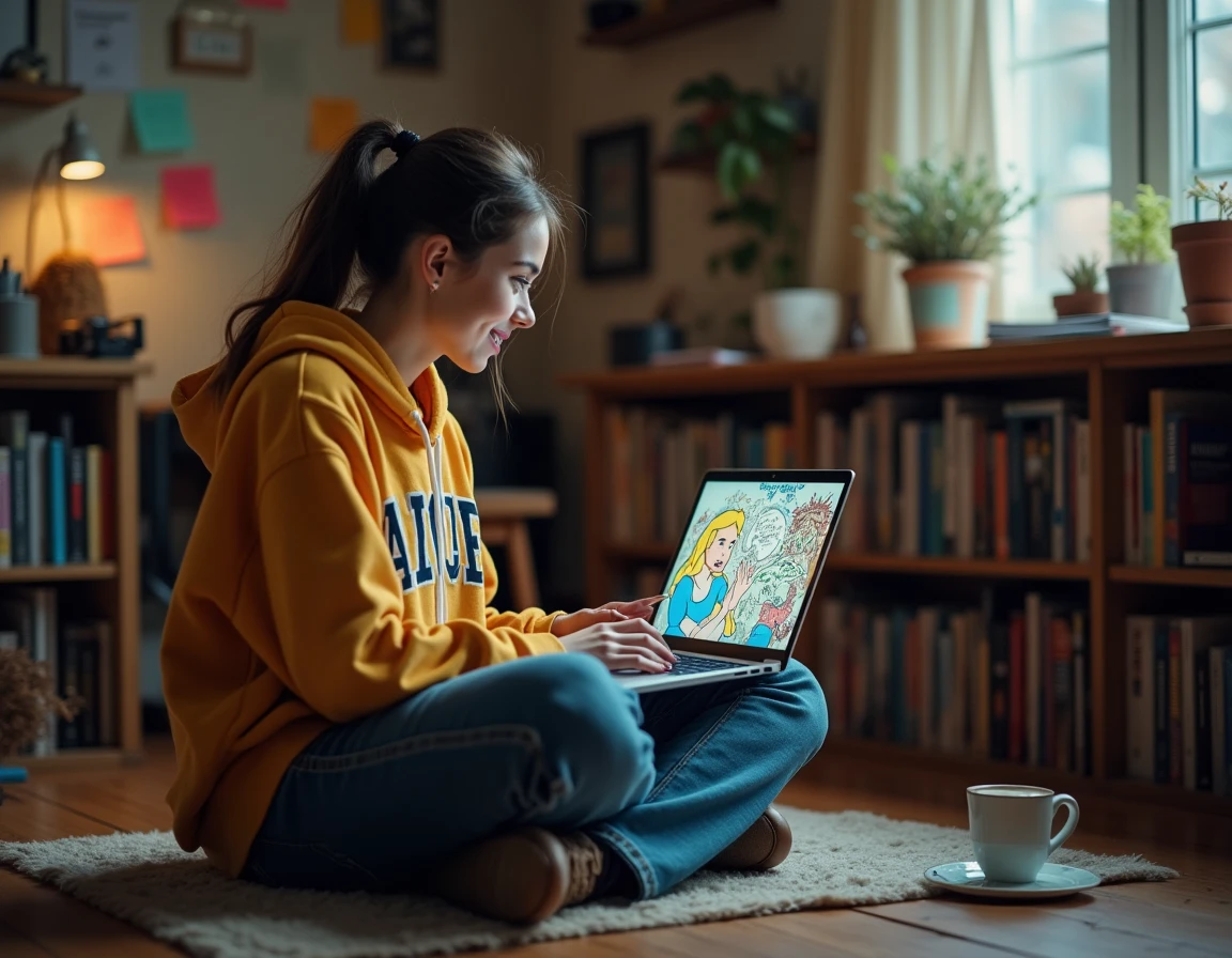 Jeune femme parcourant des mèmes Alice au Pays des merveilles sur un ordinateur portable dans un bureau créatif encombré