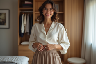 Femme élégante en chambre moderne avec robe fluide