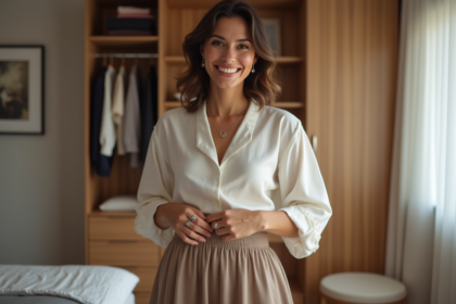 Femme élégante en chambre moderne avec robe fluide