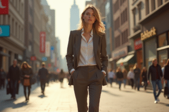 Jeune femme élégante marche dans la ville en 2025