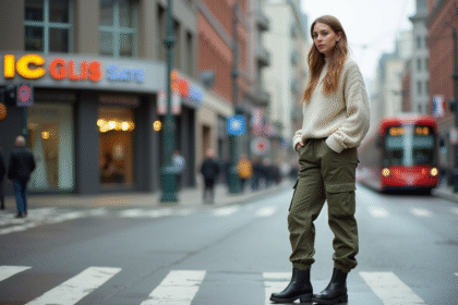 Femme stylée en cargo vert dans une ville moderne en hiver