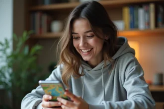 Jeune femme jouant à Monopoly GO sur smartphone, récupérant des dés gratuits via un lien sécurisé