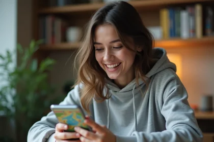 Jeune femme jouant à Monopoly GO sur smartphone, récupérant des dés gratuits via un lien sécurisé
