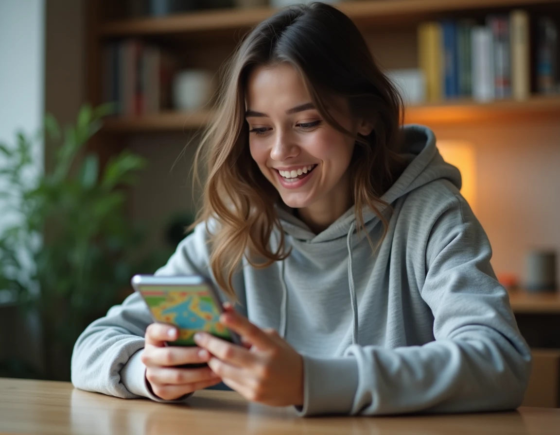 Jeune femme jouant à Monopoly GO sur smartphone, récupérant des dés gratuits via un lien sécurisé