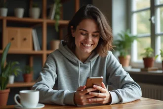 Femme jouant à Monopoly GO sur smartphone avec des gains gratuits et événements spéciaux