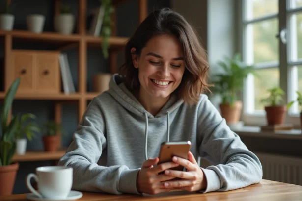 Femme jouant à Monopoly GO sur smartphone avec des gains gratuits et événements spéciaux
