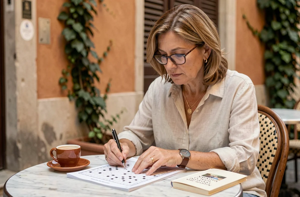 Femme résolvant des mots fléchés italiens dans un café romain avec un espresso et un guide de conversation