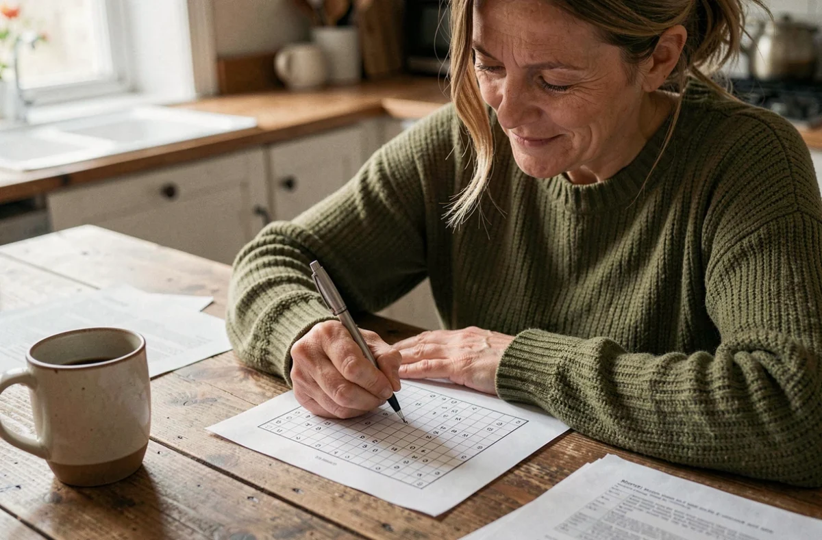 Femme concentrée remplissant une grille de mots fléchés à une table en bois avec un stylo à bille