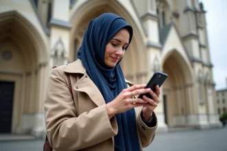 Femme musulmane en hijab vérifiant l'heure de prière devant Reims