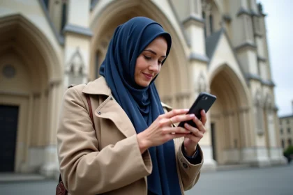 Femme musulmane en hijab vérifiant l'heure de prière devant Reims