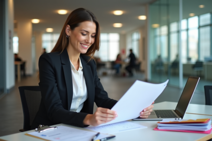 Femme confiante en bureau moderne planifiant un événement