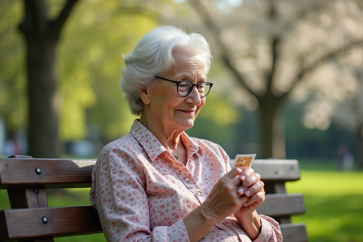 Femme âgée souriante assise sur un banc dans un parc