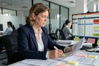 Femme professionnelle analysant des rapports d'alerte sur Rokzov dans un bureau moderne, expression préoccupée