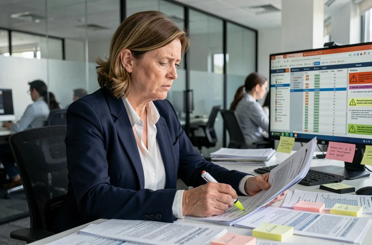 Femme professionnelle analysant des rapports d'alerte sur Rokzov dans un bureau moderne, expression préoccupée