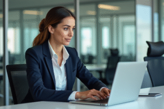 Femme professionnelle en bureau moderne utilisant un ordinateur portable