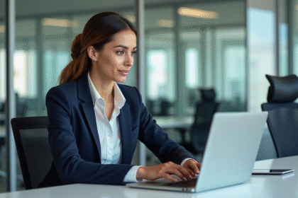 Femme professionnelle en bureau moderne utilisant un ordinateur portable