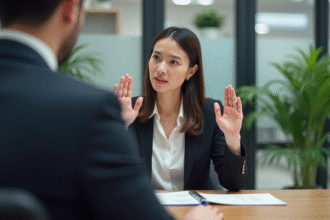 Femme confiante en réunion exprimant un refus poli