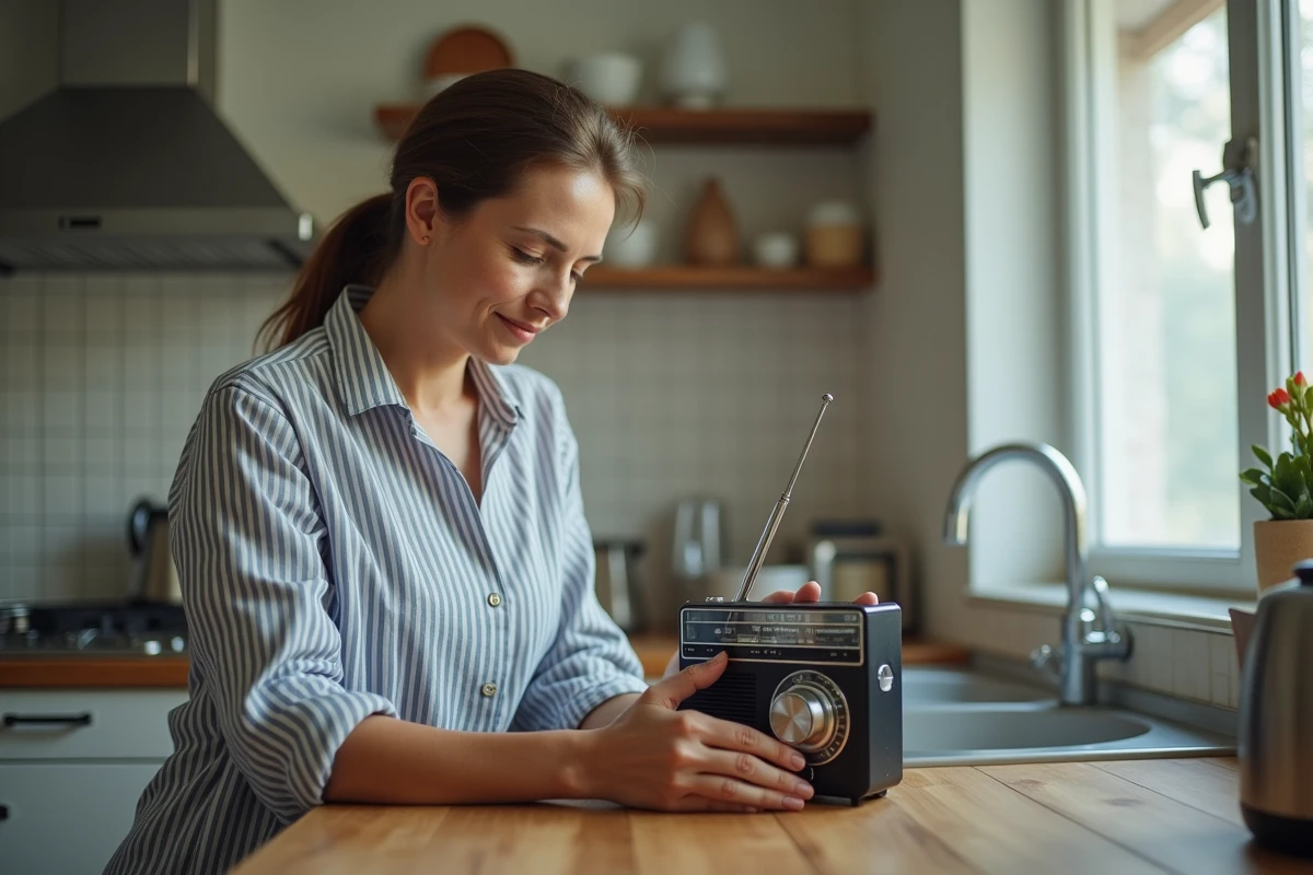 Femme réglant une radio portable pour trouver la fréquence FM de Skyrock dans une cuisine