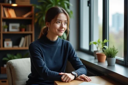 Femme pensante dans un bureau cosy regardant sa montre