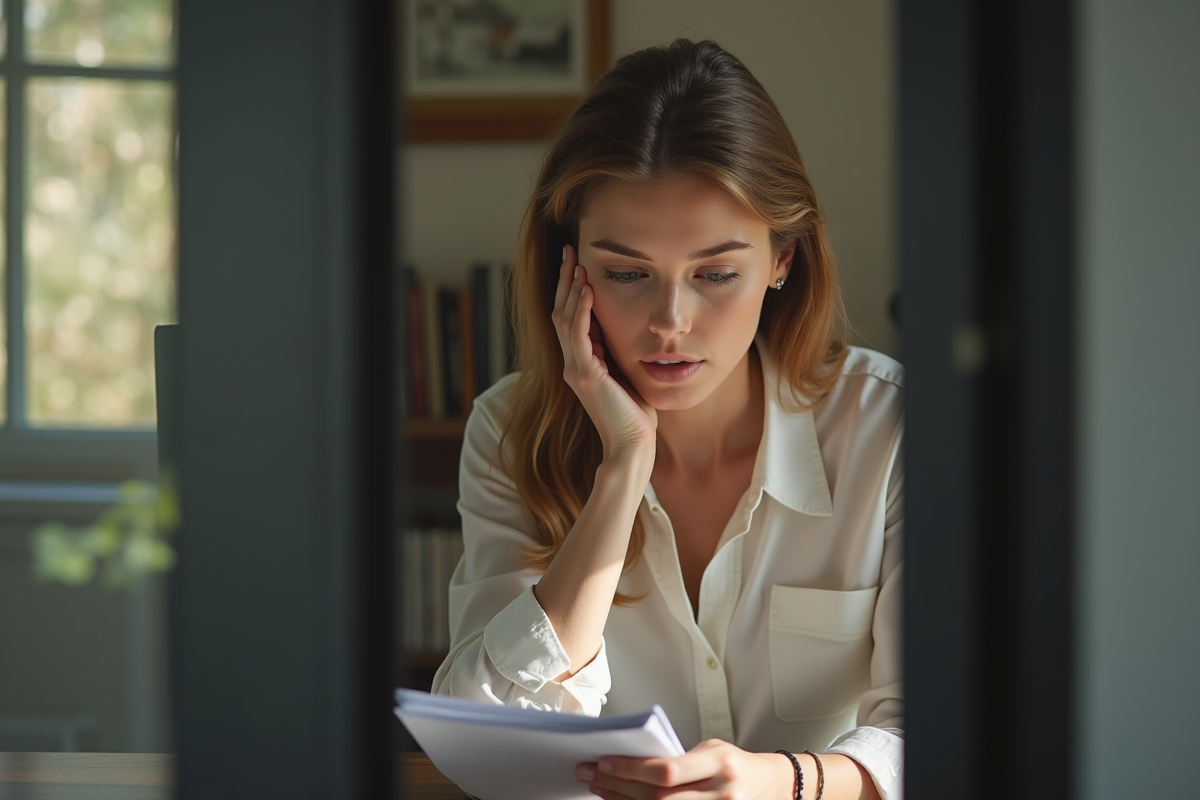 Femme pensive dans un bureau moderne lumineux