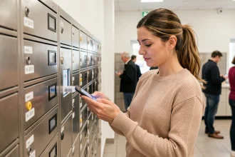 Femme récupérant un colis dans une consigne automatique LP Collect en scannant un QR code sur son téléphone