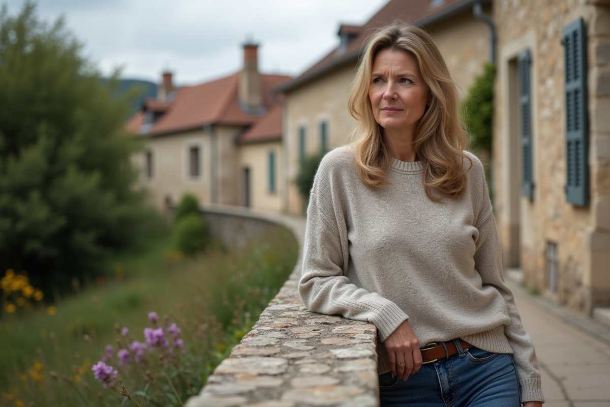 Femme française dans un village rural paisible
