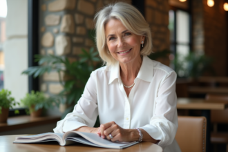 Femme senior élégante lisant dans un café cosy