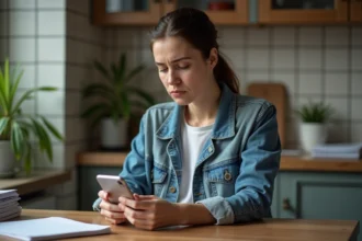 Femme regardant son smartphone avec des appels manques