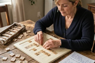 Femme concentrée plaçant une tuile de Scrabble stratégique sur le plateau de jeu pour marquer des points supplémentaires