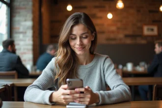 Femme de trente ans utilisant une application de tchat sur smartphone dans un café pour trouver une rencontre sérieuse