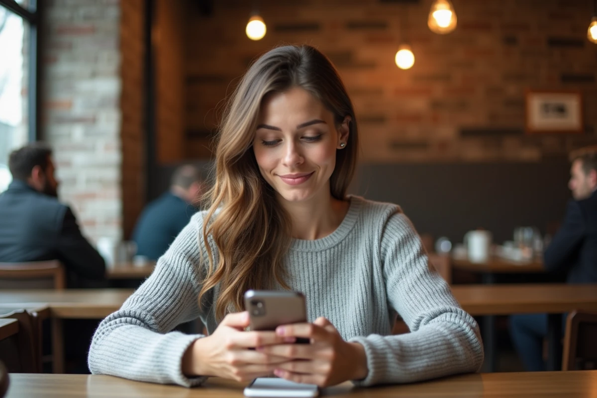 Femme de trente ans utilisant une application de tchat sur smartphone dans un café pour trouver une rencontre sérieuse