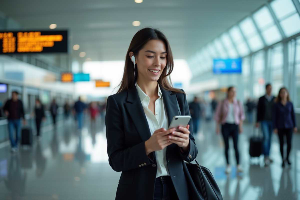Femme en blazer utilisant traduction en aéroport animé