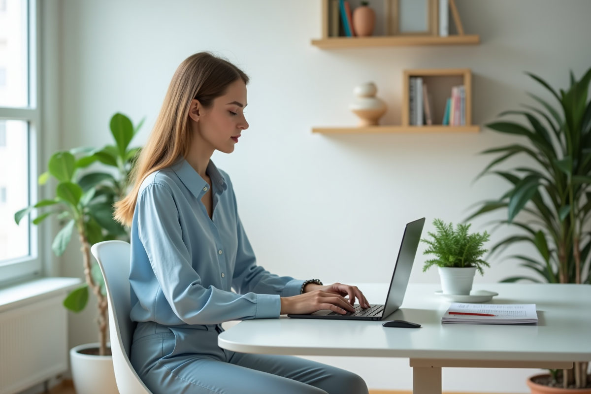 Jeune femme travaillant seule à son bureau à domicile
