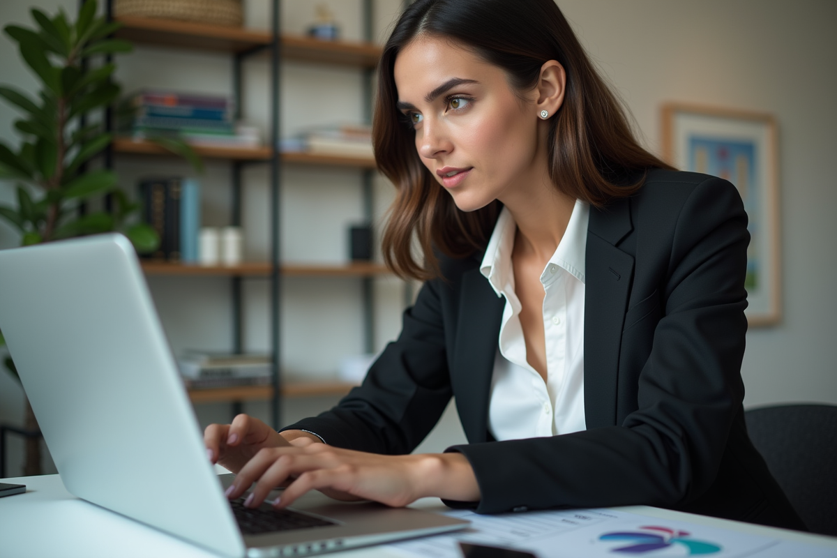 Jeune femme professionnelle examinant un graphique en tarte sur son ordinateur