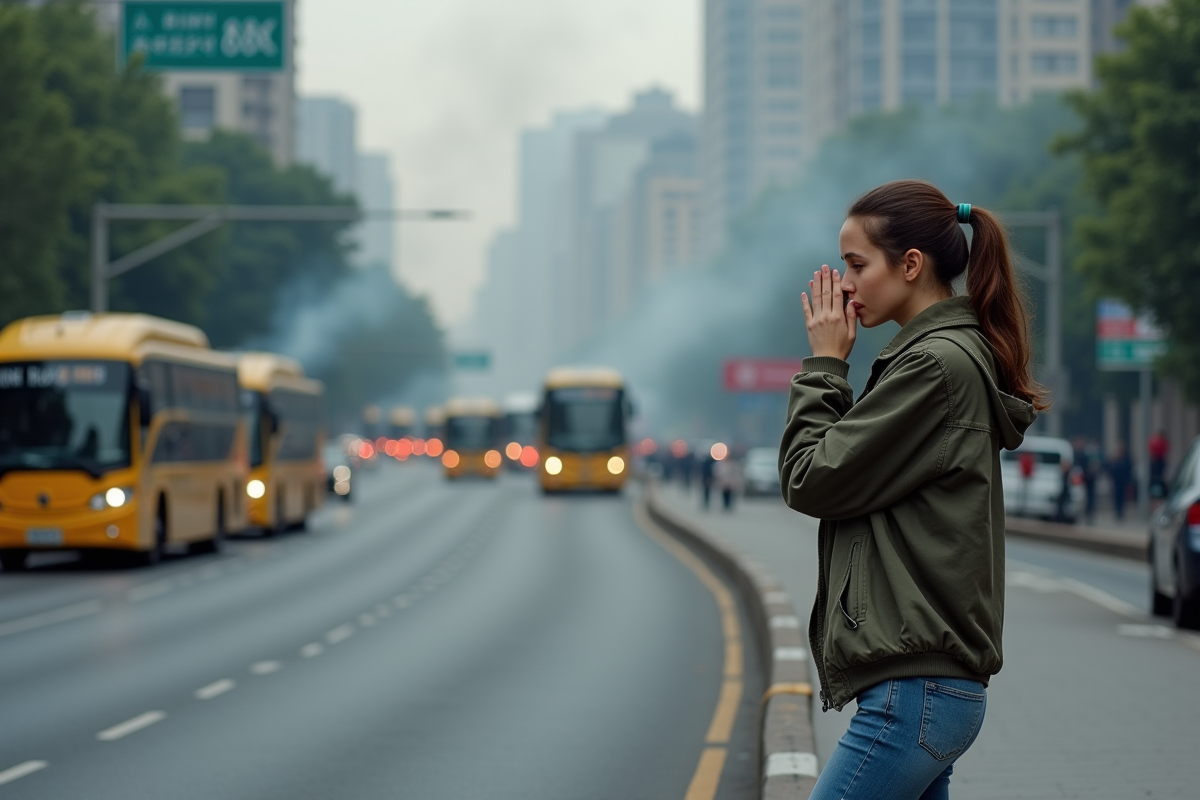 Jeune femme se couvrant le nez face à la pollution urbaine