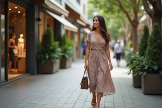 Femme élégante en robe midi marchant dans une rue urbaine