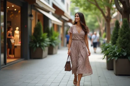 Femme élégante en robe midi marchant dans une rue urbaine