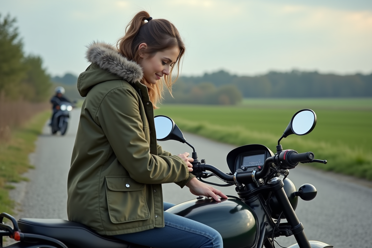 Femme inspectant une moto dans un cadre rural