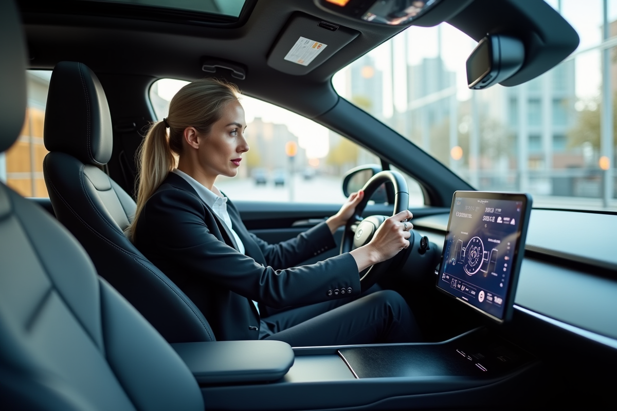 Femme dans une voiture électrique avec interface holographique