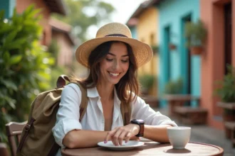 Femme souriante en voyage en Guadeloupe vérifiant sa montre