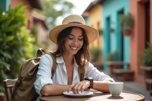 Femme souriante en voyage en Guadeloupe vérifiant sa montre