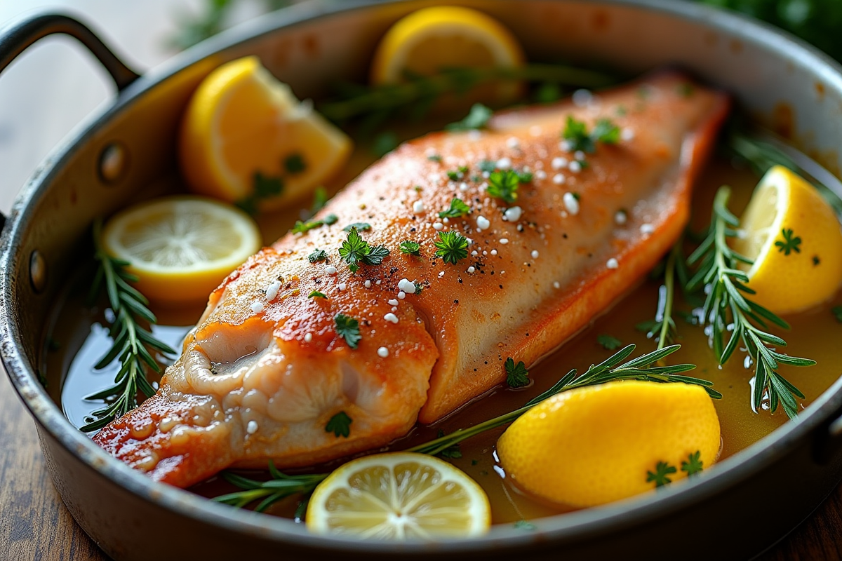 Filet de sebaste doré dans un plat avec herbes et citron