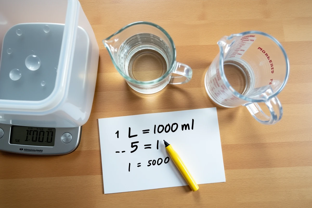 Vue aérienne d'un bidon de 5 litres avec un verre mesureur en millilitres et une fiche de conversion manuscrite sur une table en bois