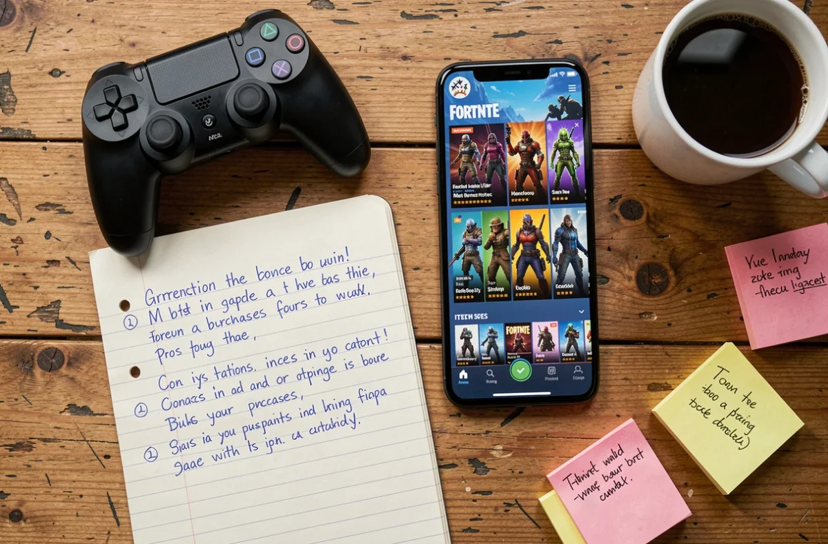 Vue aérienne d'un bureau de gamer avec une manette, un smartphone affichant le shop Fortnite et un carnet de notes sur les skins