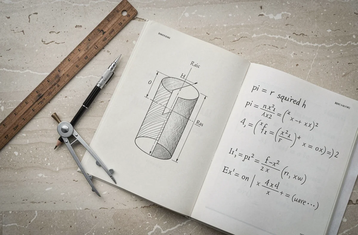 Flat-lay de matériel de géométrie avec formule de volume du cylindre écrite à la main et schéma mathématique imprimé