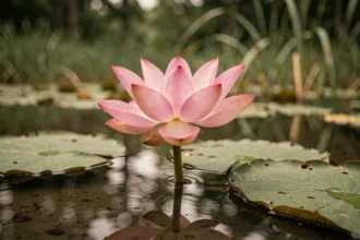 Fleur de lotus rose émergeant d'un étang sombre et boueux, symbole de résilience et de renaissance naturelle