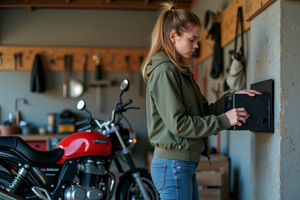 Jeune femme motocycliste utilisant un support mural dans un garage organisé