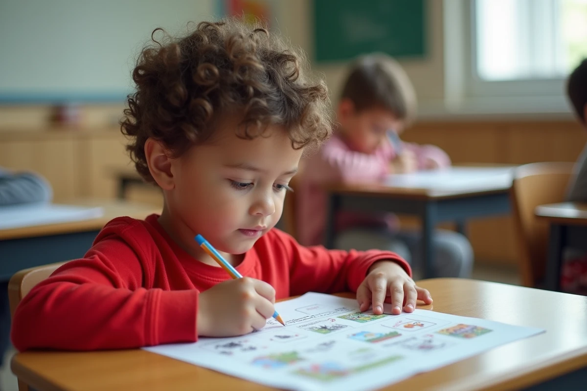 Jeune garçon concentré à son bureau d'école tenant un crayon au-dessus d'une fiche imprimée de jeu d'observation avec illustrations